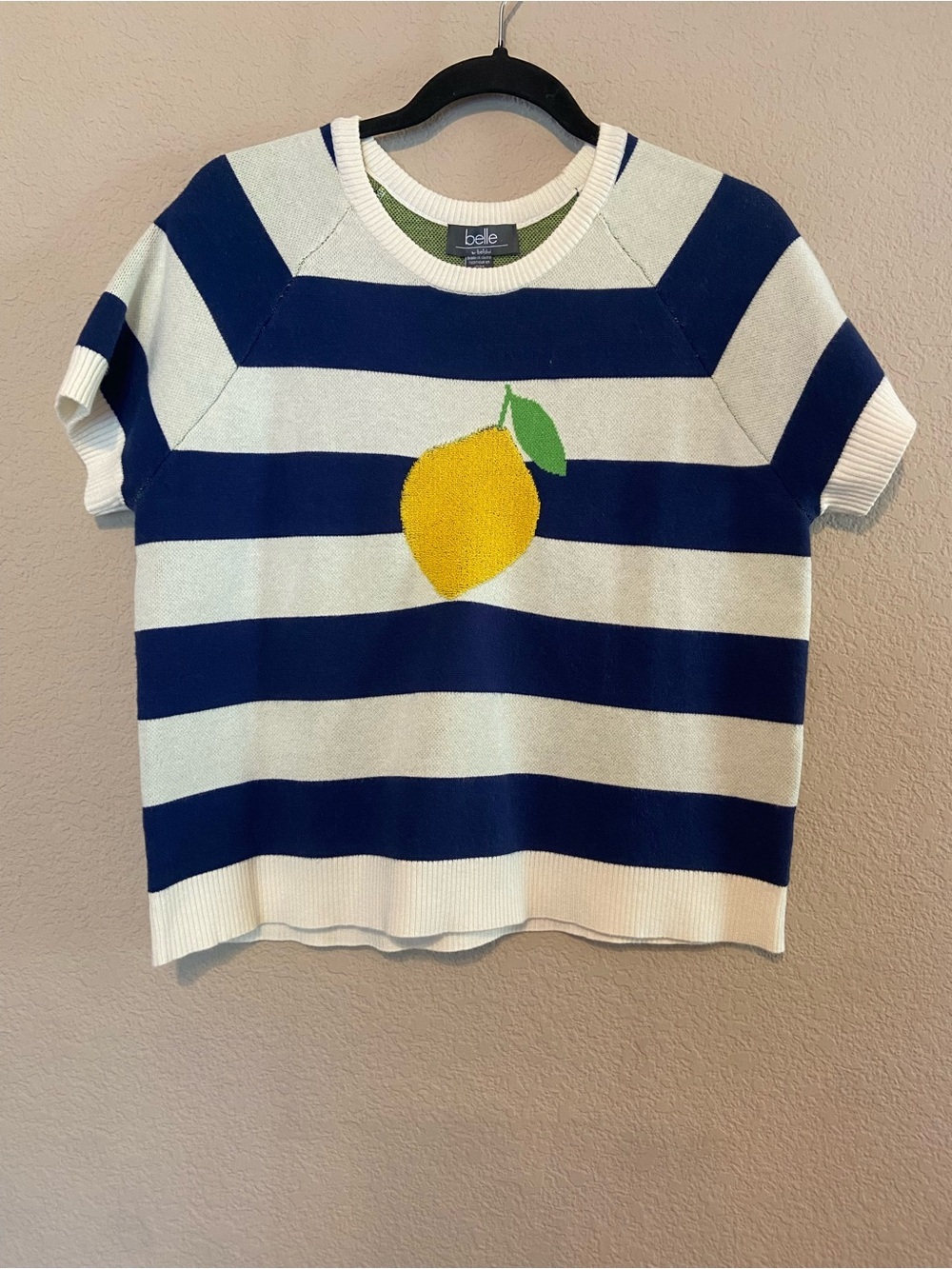 Belle by Belldini Women’s Short Sleeve blue striped sweater lemon Sz L‎ coastal